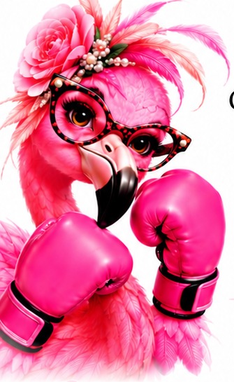 Ms. Hattie the flamingo in pink boxing gloves